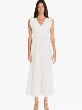 NWT Maggy London Women's V-Neck Ruffle Details Cotton Poplin Maxi Dress- 10